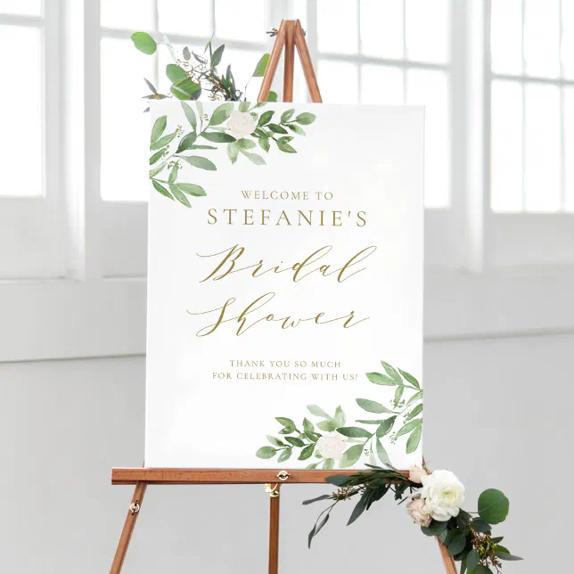 Greenery White Flowers Gold Bridal Shower Welcome Poster 