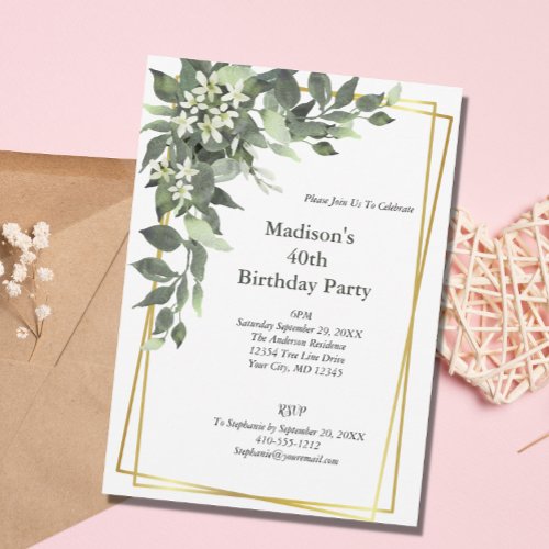 Greenery White Flowers Gold Frame Elegant Birthday Invitation