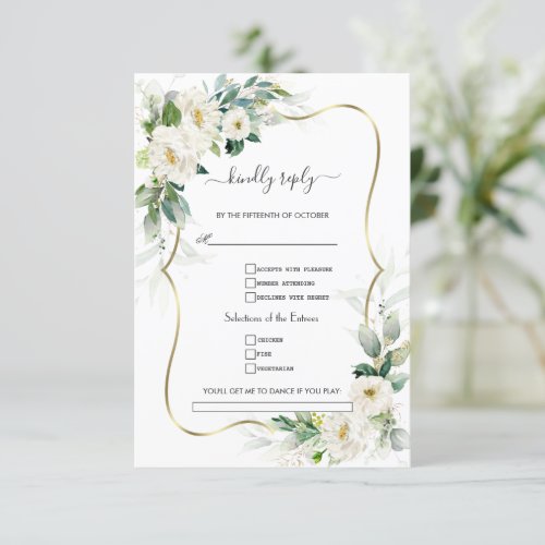 Greenery White Flowers Gold Song Request Wedding  RSVP Card