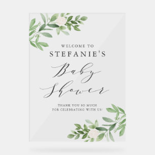 Greenery White Flowers Gray Baby Shower Welcome Acrylic Sign