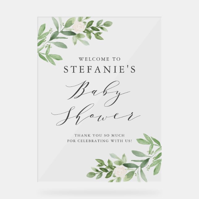 Greenery White Flowers Gray Baby Shower Welcome Acrylic Sign (Front)