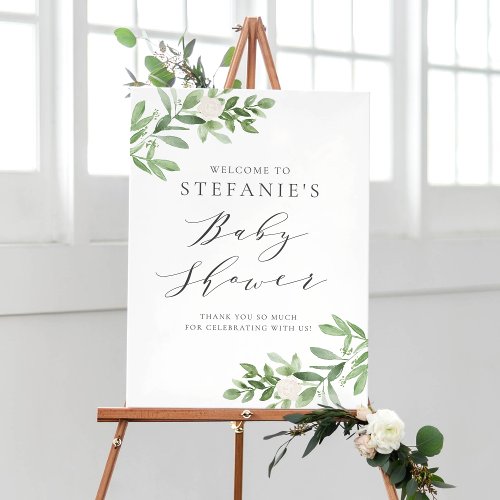 Greenery White Flowers Gray Baby Shower Welcome Poster