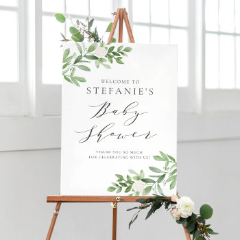Greenery White Flowers Gray Baby Shower Welcome Poster by misstallulah at Zazzle