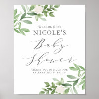 Greenery White Flowers Gray Baby Shower Welcome Poster