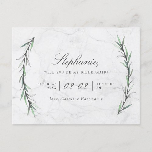 Greenery  White Marble Will You Be My Bridesmaid Invitation Postcard