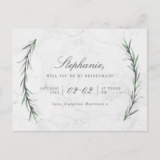 Greenery & White Marble Will You Be My Bridesmaid Invitation Postcard (Front)