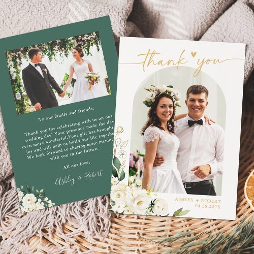 Greenery White Peony Floral Arch Wedding Photo Thank You Card