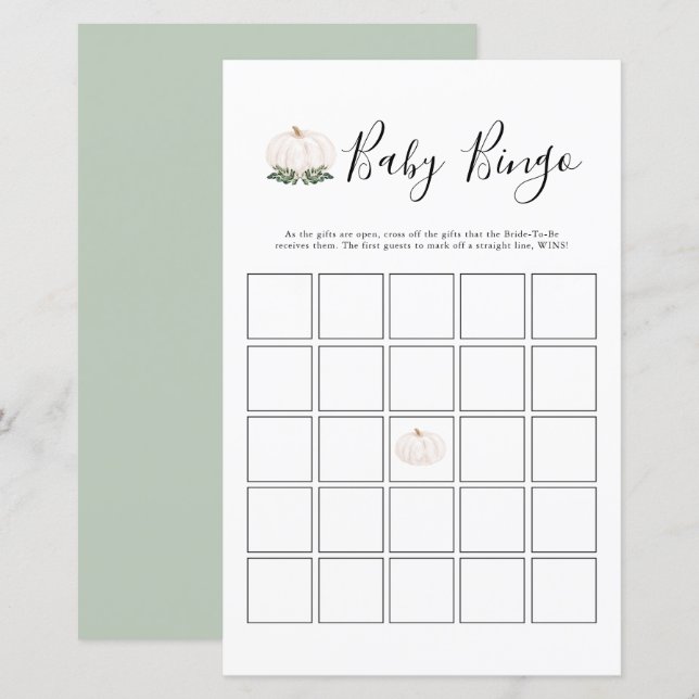 Greenery White Pumpkin Baby Shower Bingo Game (Front/Back)
