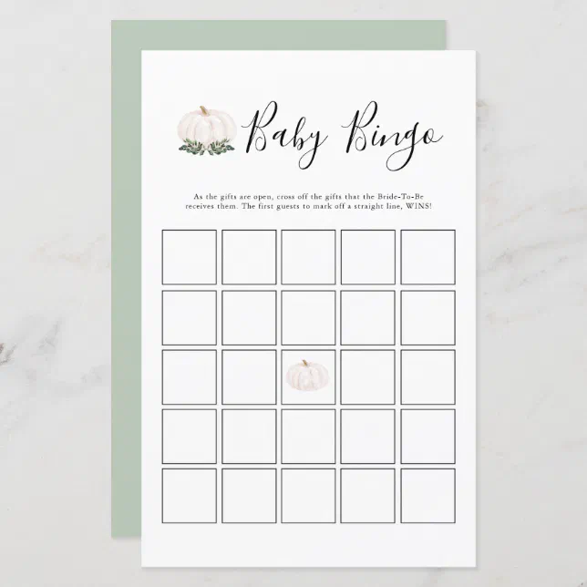 Greenery White Pumpkin Baby Shower Bingo Game | Zazzle