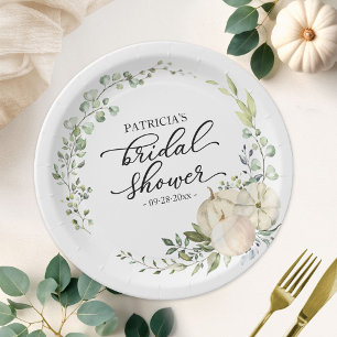 Greenery White Pumpkin Fall Bridal Shower Paper Plates