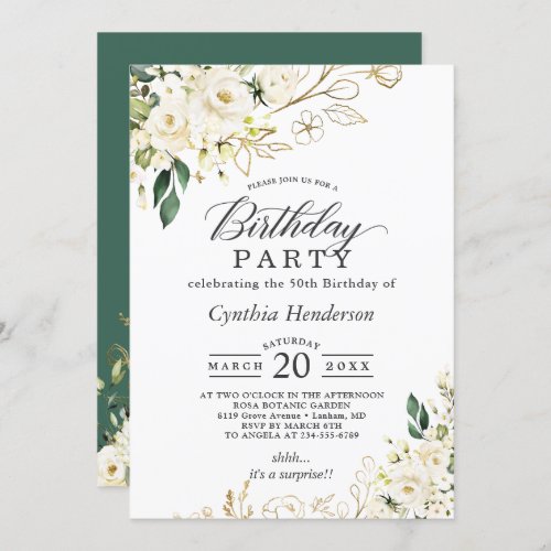 Greenery White Rose Floral Adult Birthday Party Invitation