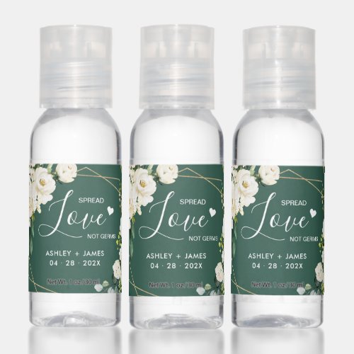 Greenery White Rose Floral Geometric Wedding Favor Hand Sanitizer - Gold Geometric Frame Greenery White Roses Wedding Favor - Spread the Love Script Hand Sanitizer Greenery White Rose Floral Geometric Wedding Favor Hand Sanitizer - Gold Geometric Frame Greenery White Roses Wedding Favor - Spread the Love Script Hand Sanitizer
