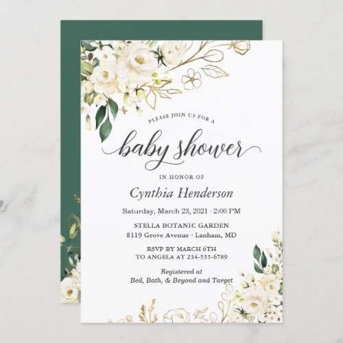 Greenery White Rose Floral Gold Baby Shower Invitation - Greenery White Rose Floral Faux Gold Foil Leaves Baby Shower Invitation. 
(1) For further customization, please click the "customize further" link and use our design tool to modify this template. 
(2) If you prefer Thicker papers / Matte Finish, you may consider to choose the Matte Paper Type. 
(3) If you need help or matching items, please contact me.