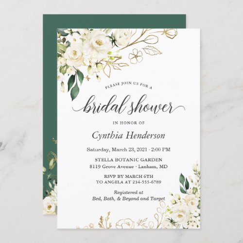 Greenery White Rose Floral Gold Bridal Shower Invitation