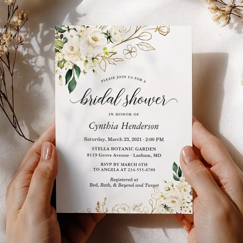 Greenery White Rose Floral Gold Bridal Shower Invitation