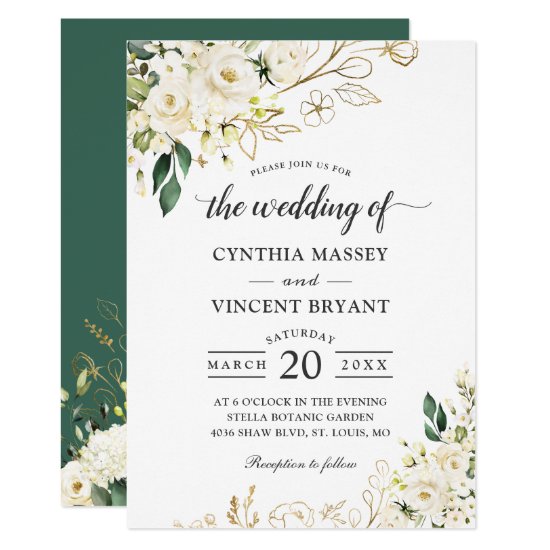 Greenery White Rose Floral Gold Leaves Wedding Invitation