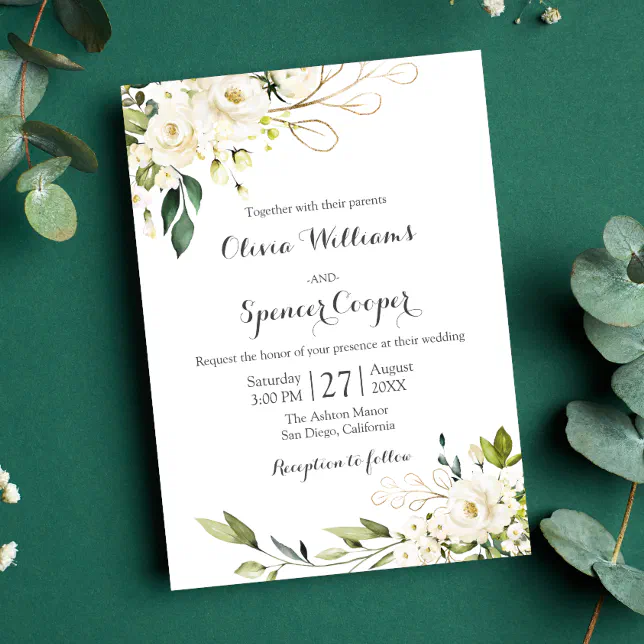 Greenery White Rose Floral Gold Leaves Wedding Invitation 