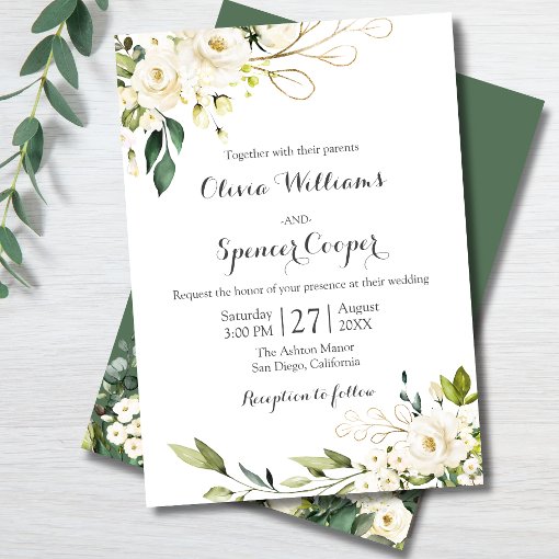 Greenery White Rose Floral Gold Leaves Wedding Invitation | Zazzle