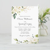 Greenery White Rose Floral Gold Leaves Wedding Invitation (Standing Front)