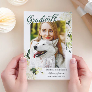 Greenery White Rose Floral Graduation Announcement