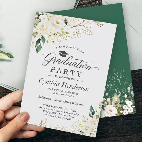 Greenery White Rose Floral Graduation Party Invitation