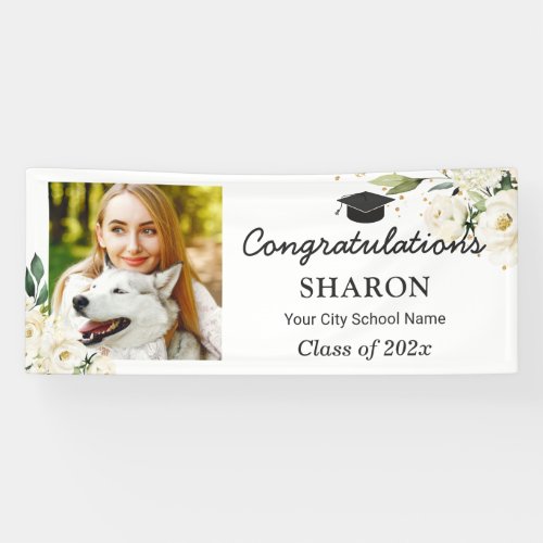 Greenery White Rose Floral Graduation Party Large Banner