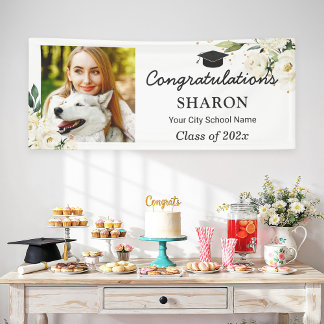 Greenery White Rose Floral Graduation Party Large Banner