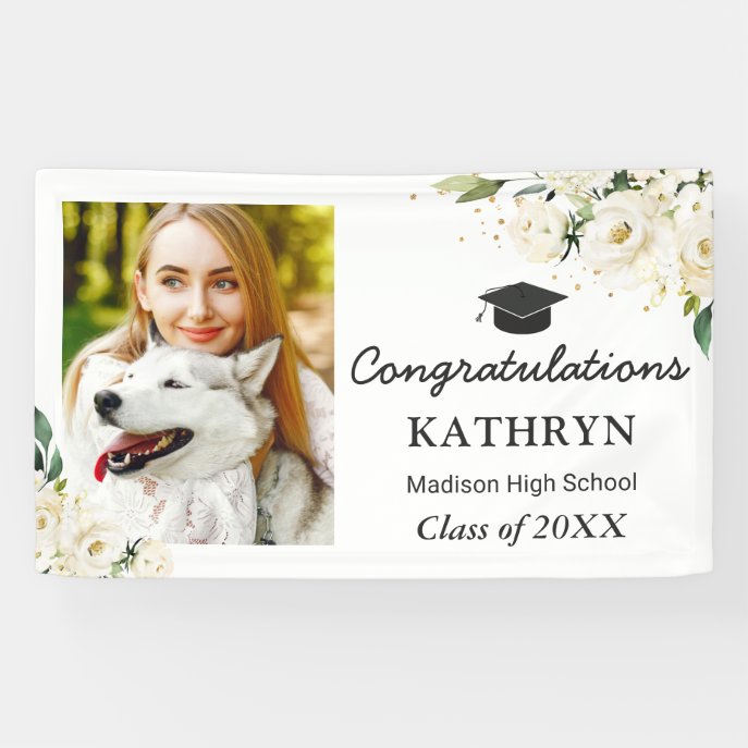Greenery White Rose Floral Graduation Party Photo Banner