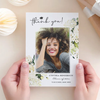 Greenery White Rose Floral Graduation Photo Thank You Card