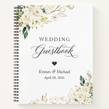 Greenery White Rose Gold Floral Wedding Guestbook Notebook by CardHunter at Zazzle