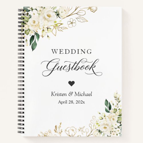 Greenery White Rose Gold Floral Wedding Guestbook Notebook