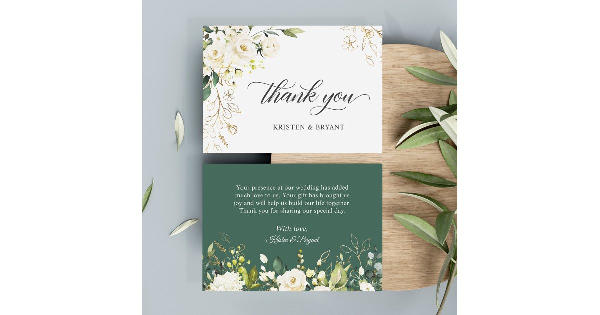 Greenery White Rose Gold Floral Wedding Thank You Card | Zazzle