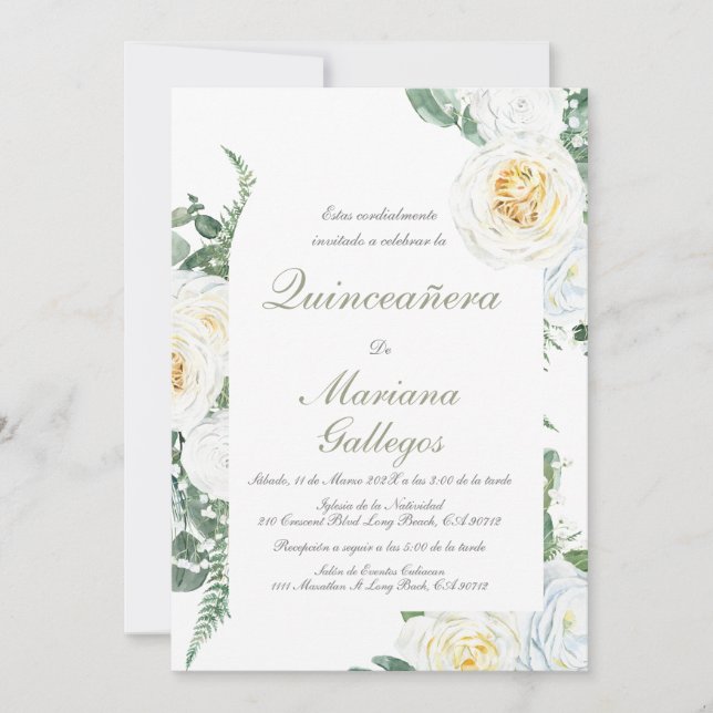 Greenery white rose Quinceanera Invitation (Front)