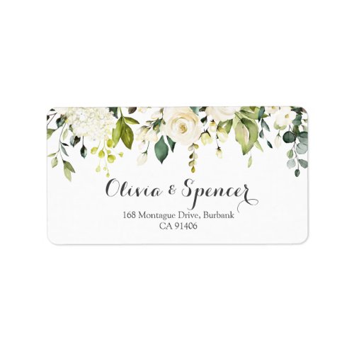 Greenery White Rose Watercolor Floral Address Label