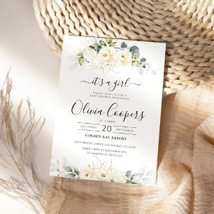 Greenery White Roses Baby Shower Invitation