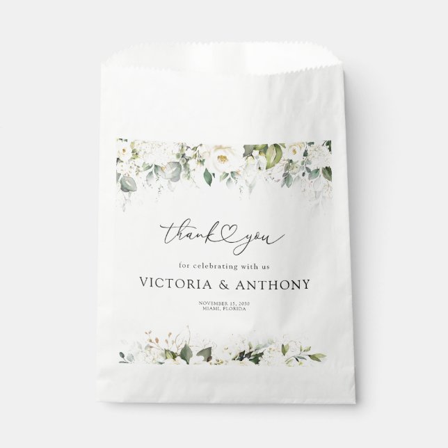 Greenery White Roses Bridal Shower Favor Bags (Front)