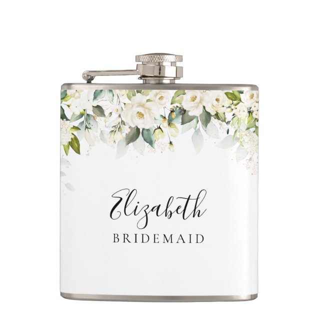Greenery White Roses Bridal Shower Flask (Front)