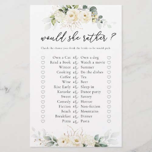 Greenery White Roses Bridal Shower Game