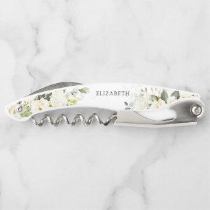 Greenery White Roses Bridal Shower Waiter's Corkscrew