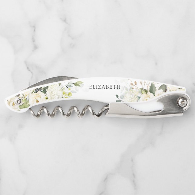 Greenery White Roses Bridal Shower  Waiter's Corkscrew (Back)