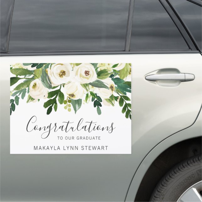 Greenery White Roses Elegant Floral Graduation Car Magnet (In Situ)