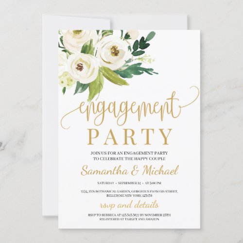 Greenery white roses floral gold engagement invitation