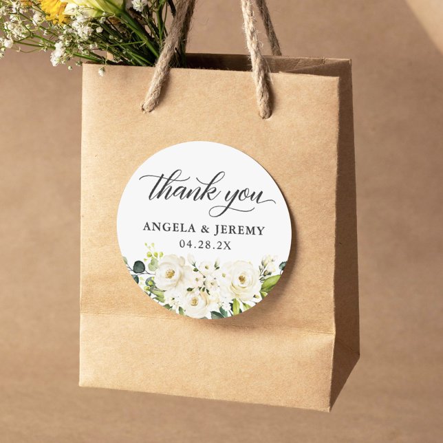 Greenery White Roses Floral Wedding Thank You Classic Round Sticker (Perfect for sealing envelopes, embellishing gift bags, or adding a personal touch to wedding favors.)