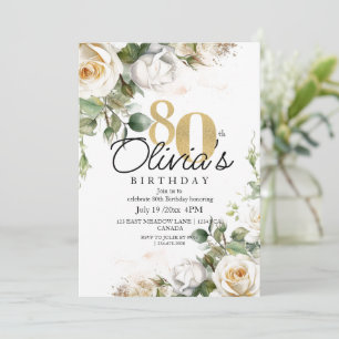 Greenery White Roses & Gold 80th Birthday Invitation