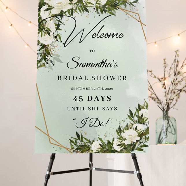 Greenery white roses gold bridal shower count down foam board (In Situ (Stand))