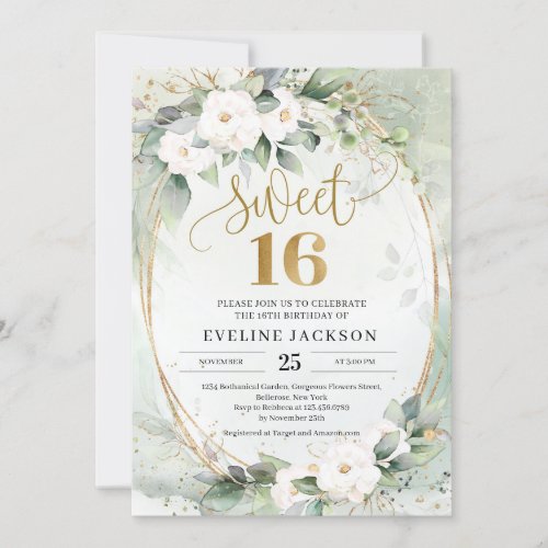 Greenery white roses gold foil oval sweet 16 invitation