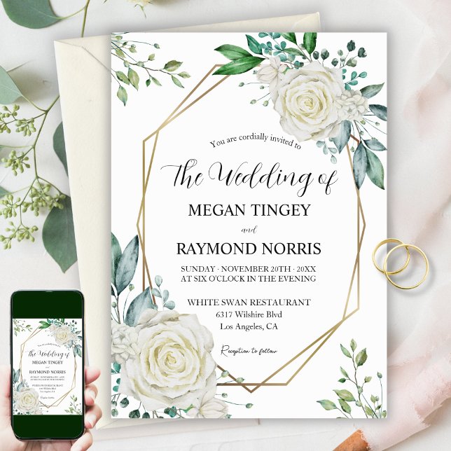 Greenery & White Roses Gold Frame Rustic Wedding Invitation (Creator Uploaded)