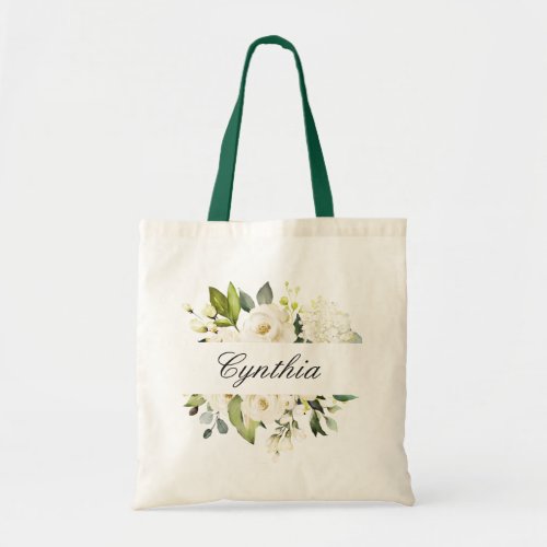 Greenery White Roses Watercolor Floral Bridesmaid Tote Bag - Greenery White Roses Watercolor Floral Bridesmaid Favor Tote Bag. 
(1) For further customization, please click the "customize further" link and use our design tool to modify this template.
(2) If you need help or matching items, please contact me.