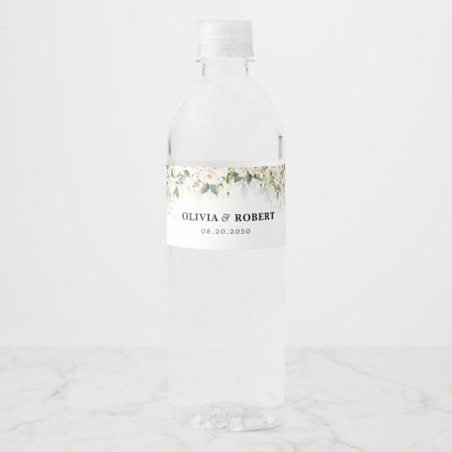 Greenery White Roses Wedding Water Bottle Label (Front)