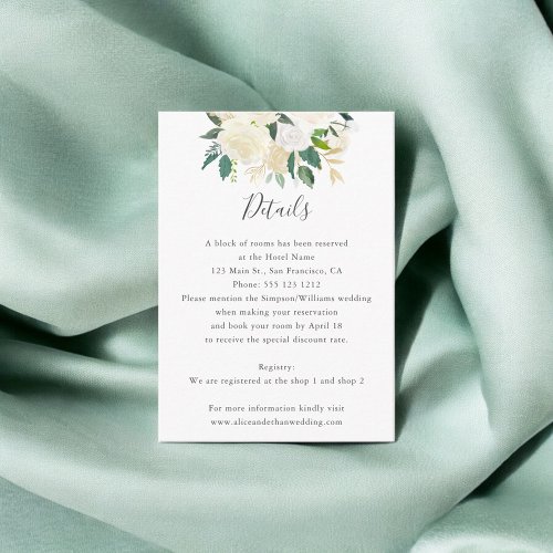 Greenery White Watercolor Floral Wedding Details Enclosure Card